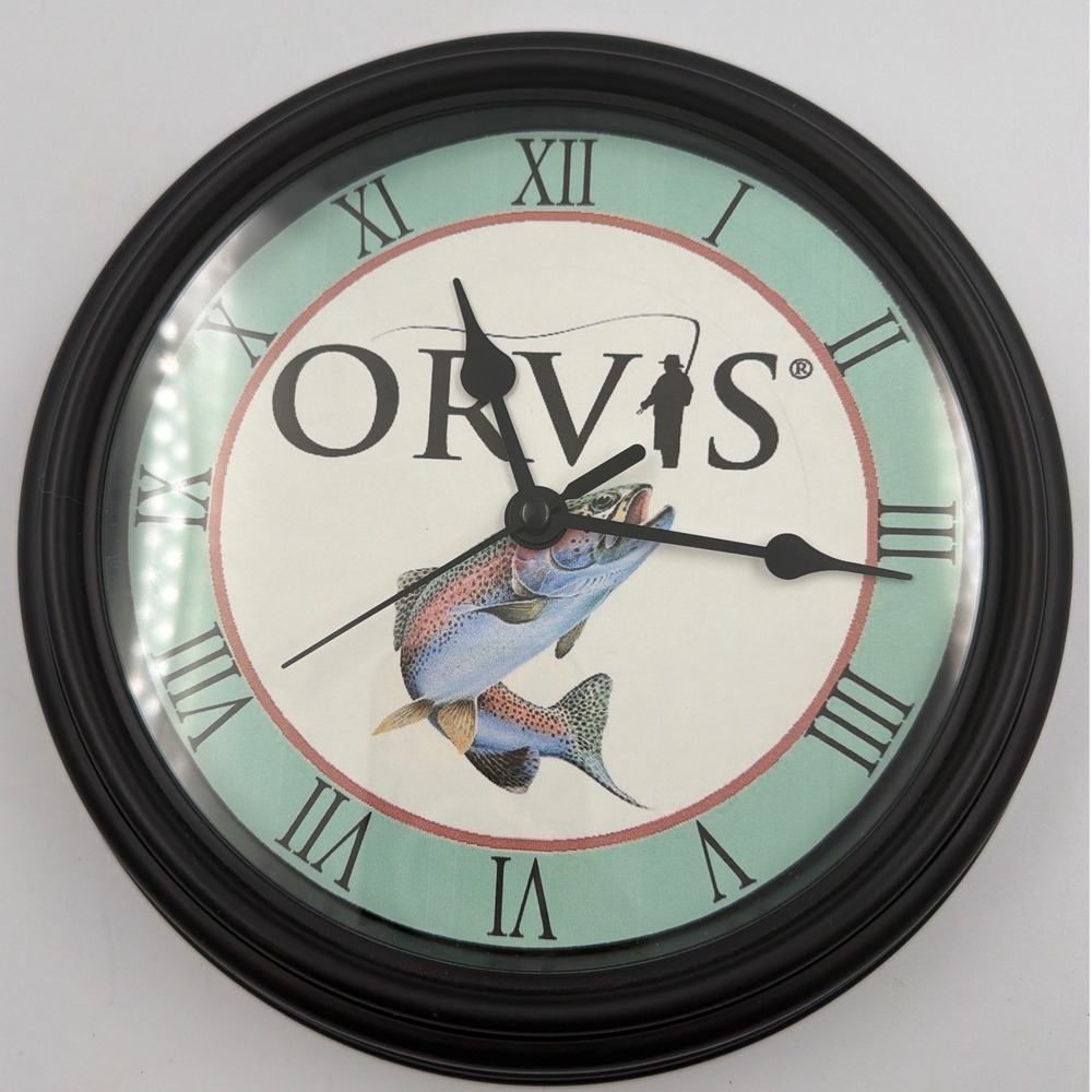 Orvis Rainbow Trout Fly Fishing Wall Clock Black 7.75 Inch Quartz Working